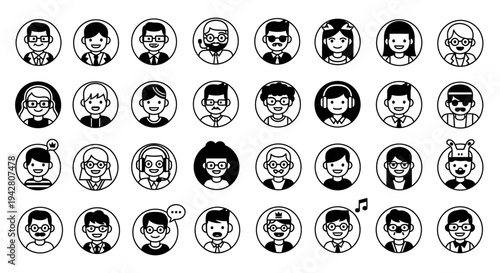 Set of thirty diverse black and white cartoon male and female avatars with various hairstyles and expressions.