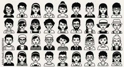 Set of diverse black and white male and female avatar icons with various hairstyles and accessories.
