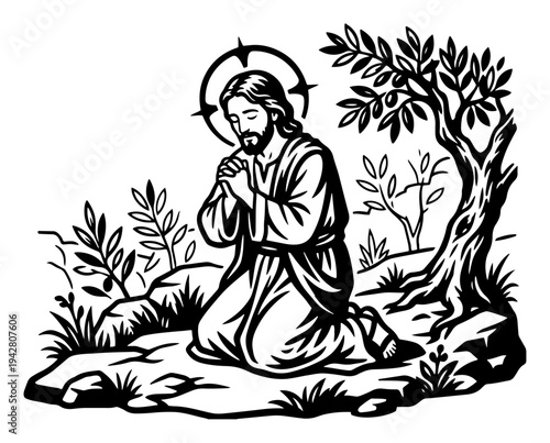 Jesus Christ praying in the Garden of Gethsemane in black and white line art style