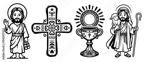 Christian religious icons set with Jesus cross and holy chalice black and white vector