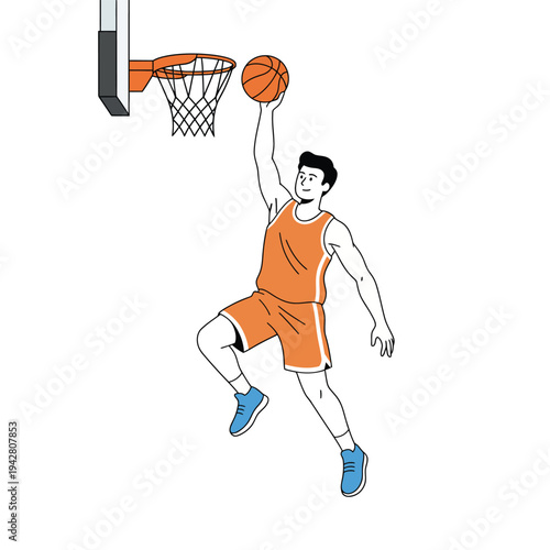 Minimal flat vector illustration of basketball player performing layup shot near basketball hoop, basketball scoring action concept.