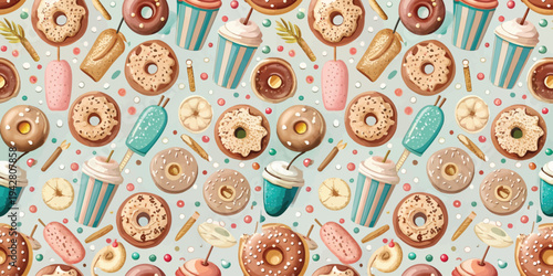 Colorful array of delightful donuts with vibrant sprinkles and frosting patterns Vector