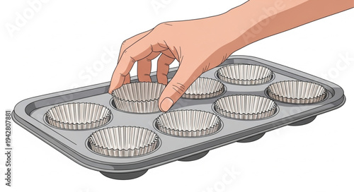 Hand holding muffin tin baking tray.