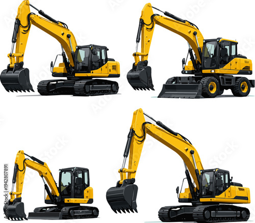 Create a realistic kinds of deferent Yellow excavator heavy construction equipment for digging and earthmoving vector art with white background.
