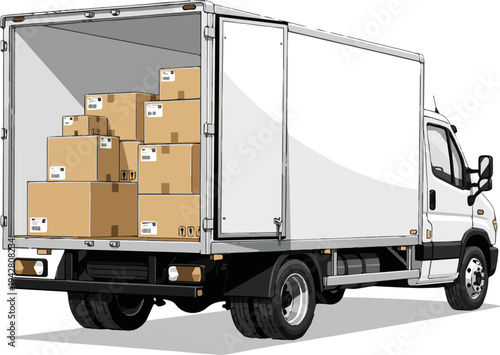 Create a realistic Delivery truck with open back door and cardboard boxes inside cargo van for shipping vector art with white background..
