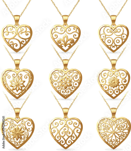 Create a realistic kinds of deferent Golden Heart Pendant with Intricate Filigree Design vector art with white background..