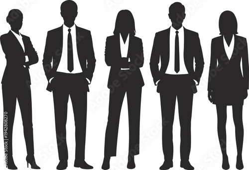Group of professional business team silhouettes standing in formal suits for corporate leadership, executive management, human resources, career growth, and office teamwork concepts