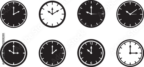 Collection of various analog clock faces in black and white
