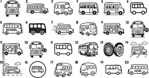 A versatile collection of black and white vector graphic illustrations featuring various styles of school buses and transportation vehicles for educational or transit design projects