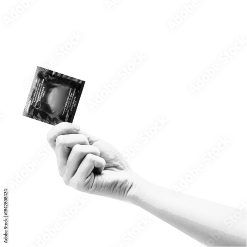 Black and white halftone illustration of a hand holding a condom packet. Safe sex and contraception concept isolated on white background in vintage engraving style.