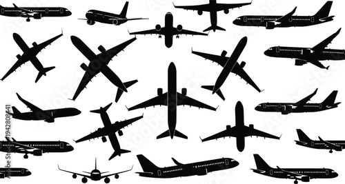 Set of twenty black airplane silhouettes in multiple orientations including side, top, and angled views, showcasing diverse commercial aircraft designs for 