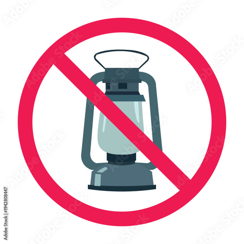 No kerosene lamp sign, no oil lantern symbol, camping lantern forbidden sign, old lamp prohibited sign, vector illustration
