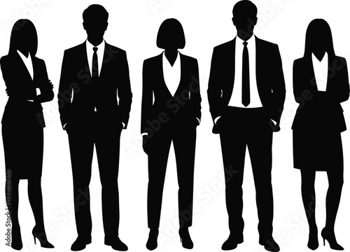 Successful group of business professional silhouettes standing in formal suits for corporate team leadership, executive management, human resources, and diverse office teamwork concepts