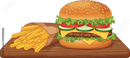 Cheeseburger and French Fries Illustration Featuring Classic Fast Food Meal on Wooden Board for Restaurant Menu and Junk Food Design