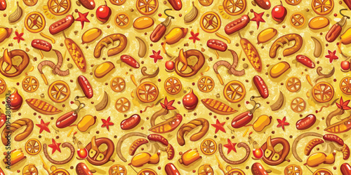 Colorful array of pasta shapes on a bright yellow background Vector