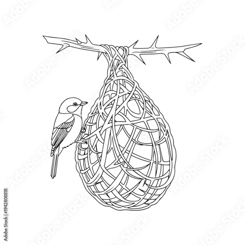A bird perched on a woven basket hanging from a thorny branch, a serene scene.