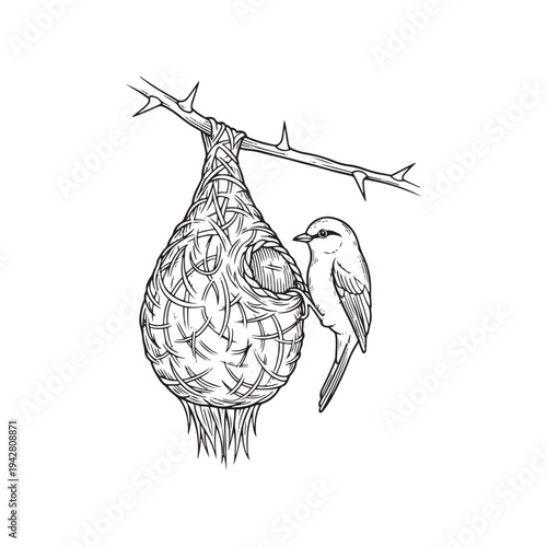 A bird perched beside its intricately woven nest hanging from a thorny branch.