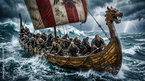Viking longship sailing on a stormy sea with fierce warriors in dramatic ocean waves