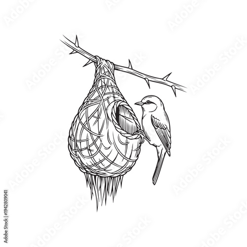 A bird perched beside its intricately woven nest hanging from a thorny branch.