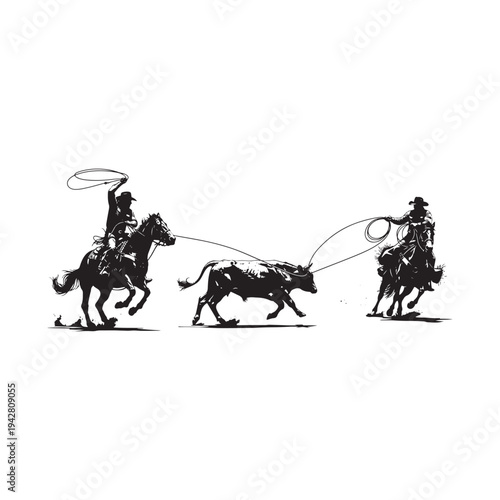 Cowboys on horseback lassoing a steer in a classic rodeo scene.