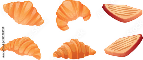 selection of freshly baked goods. Bakery products, croissants, bread, and toast. A hot, crispy breakfast.