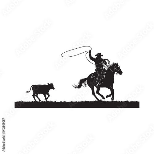 Cowboy on horseback skillfully roping a young calf in open range.