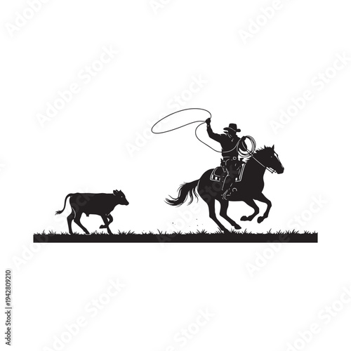 Cowboy on horseback herding a single cow with a lasso.