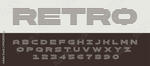 Retro style geometric font with horizontal lines on brown background. abc alphabet and numbers for banner, poster, printing, typography, t shirt, book and card. Trendy vector illustration.