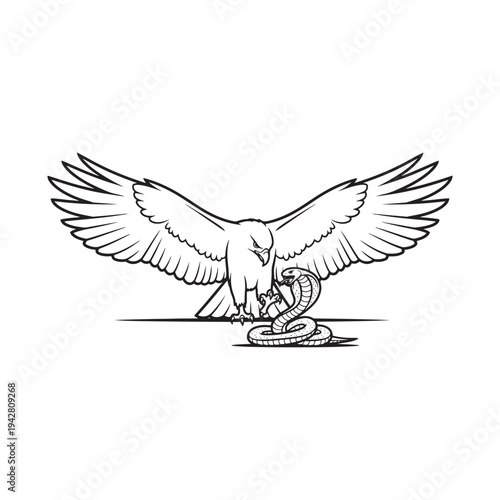 Eagle in mid-air grasping a snake with its talons and beak.