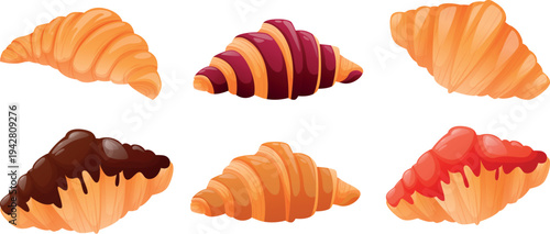 selection of different croissants on a white background. Several types of croissants: classic, glazed, colorful, and buttered. Bakery assortment.