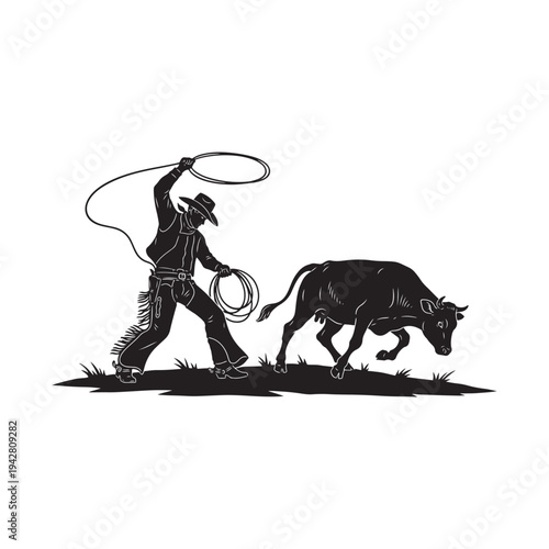 Cowboy skillfully roping a running bull in an open field scene.