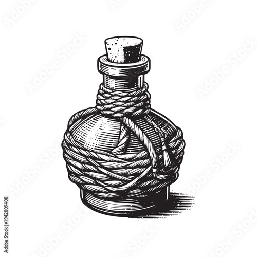 A mysterious bottle wrapped in rope is displayed on a white background.