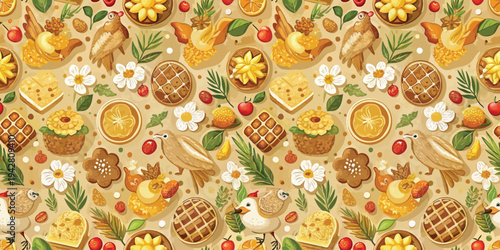 Colorful assortment of baked goods and holiday treats arranged in a festive pattern. Vector