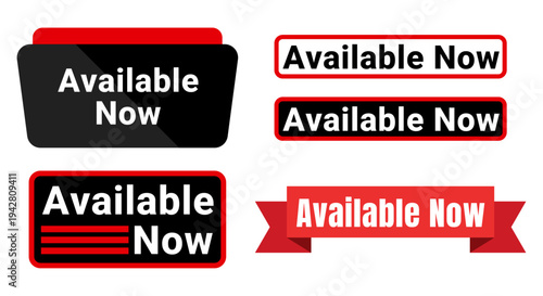 A collection of colorful available now ribbon and label style graphics in varying shapes high quality professional detailed modern elegant stylish clean crisp vibrant digital creative