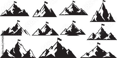 Black and white mountain silhouettes with flags on peaks