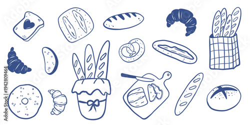 Hand drawn bread, bakery products and pastries. Fresh and natural bread, rolls, baguettes, donuts, bagels and croissants perfect for menus, packaging, posters and social media.