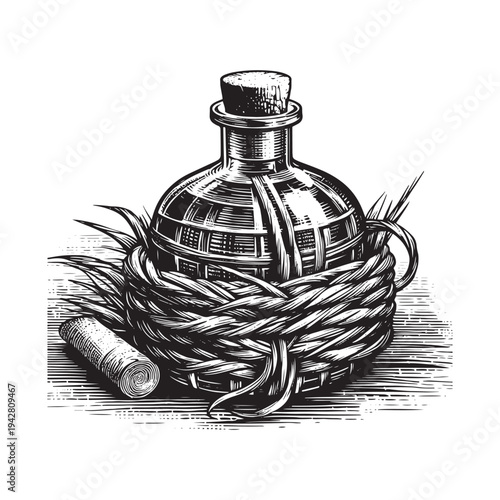 Vintage bottle wrapped in wicker and twine, a classic container for liquids.