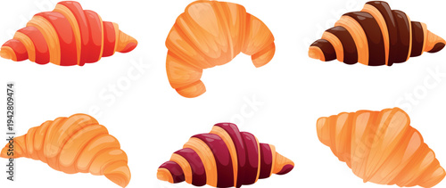 Bakery assortment set on a white background. Several types of croissants: classic, glazed, multicolored, and buttered. Filled croissants, buns, and puff pastry