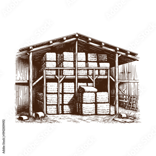 A rustic barn storing large stacks of hay in a rural setting.