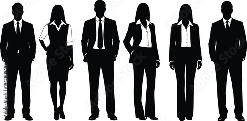 Business men and women silhouettes in formal suits standing together, professional corporate team diversity leadership concept isolated on white background
