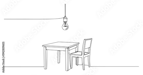 Minimalist dining room interior with wooden table and chair, continuous one line drawing vector illustration, modern home furniture concept