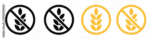 Gluten free label vector icons set, showcasing no wheat symbols and templates for dietary products, gluten-free meals, and health-focused nutrition vector designs.