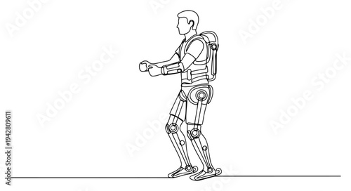 Man wearing robotic exoskeleton suit for strength or rehabilitation, continuous one line drawing vector, future technology and bionics concept