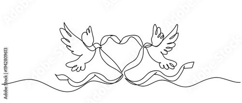 A continuous line of two doves carrying a heart shaped ribbon symbolizes love. Editable stroke.