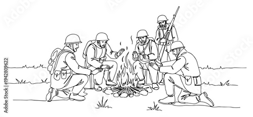 Group of soldiers sitting around campfire warming up in the field, line art vector illustration, military camp life and brotherhood concept