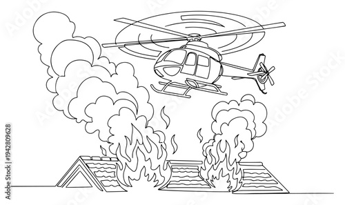 Firefighting helicopter flying over burning house roof with thick smoke, line art vector, emergency rescue and firefighting mission concept