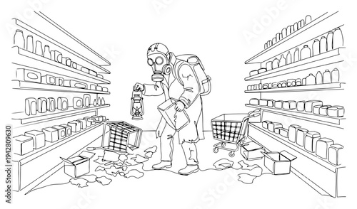 Post-apocalyptic survivor in gas mask exploring abandoned supermarket, continuous one line drawing vector, dystopian future concept, grocery store ruins