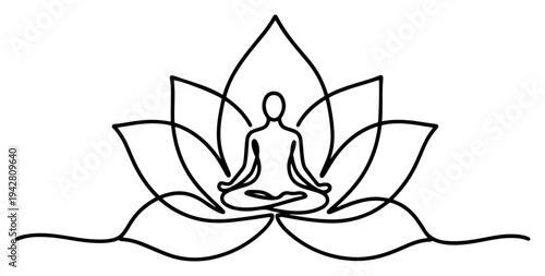Yoga meditation in lotus flower, continuous one line drawing vector illustration, mindfulness and wellness concept, zen spiritual art