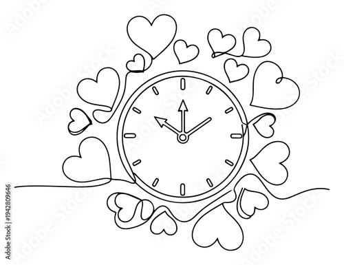 Wall clock surrounded by hearts symbol of love and time, continuous one line drawing vector, romantic date or anniversary concept