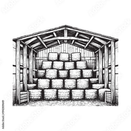 A rustic barn filled with stacked hay bales in a traditional rural setting.